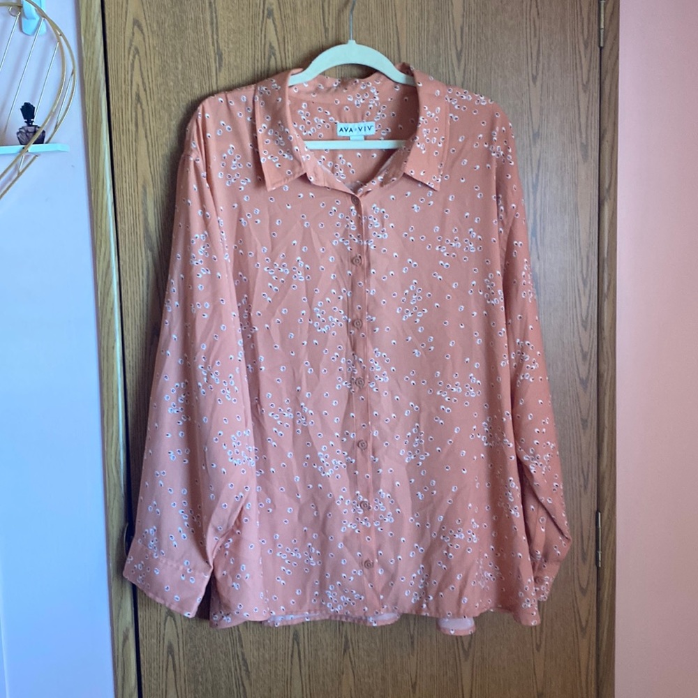 Peach Button Up Blouse with Small White Floral Print